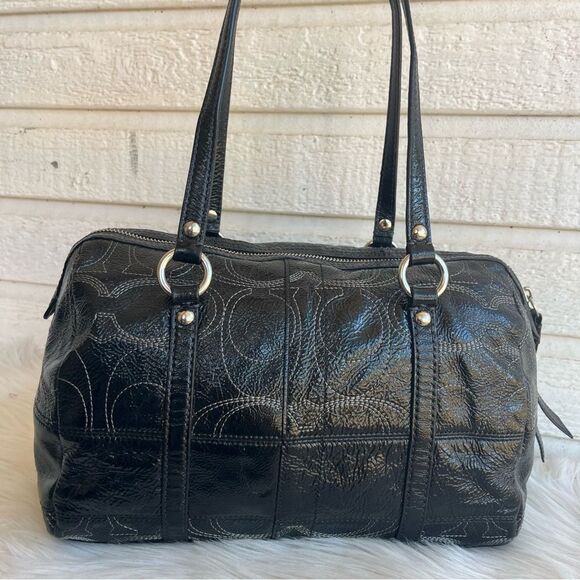 COACH Black Y2K Patent Stripe Boston Signature Tote Shoulder Bag - Picture 5 of 10
